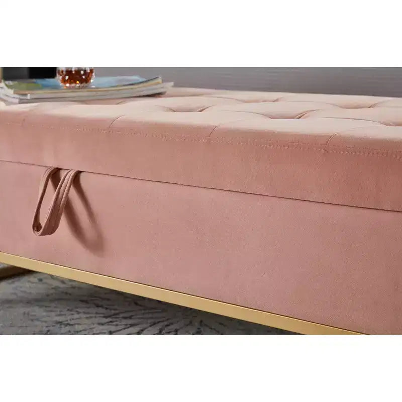 Banc de Rangement en Velours avec Base en Métal, Banc de Lit pour Salon, Rose