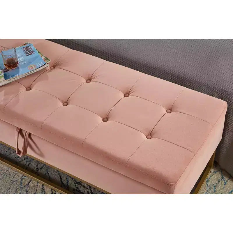 Banc de Rangement en Velours avec Base en Métal, Banc de Lit pour Salon, Rose