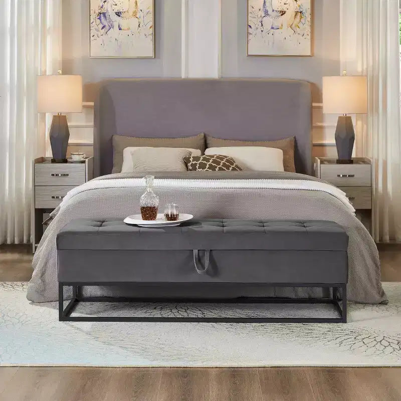Banc en velours avec base en métal, Banc de lit pour salon, Gris