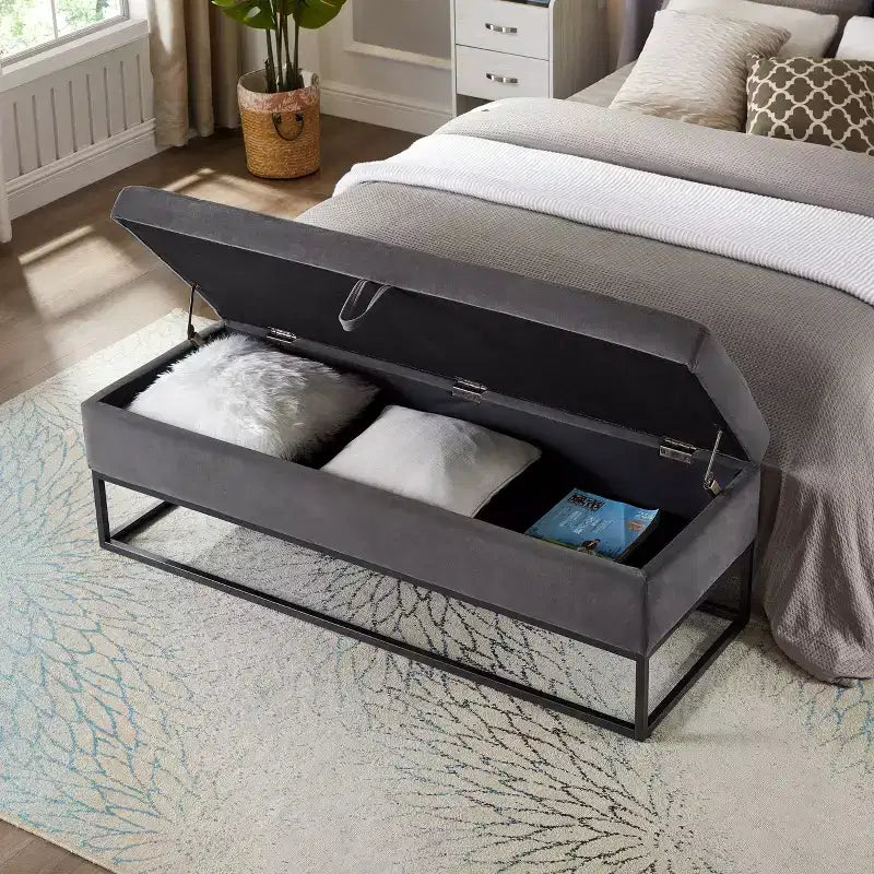 Banc en velours avec base en métal, Banc de lit pour salon, Gris