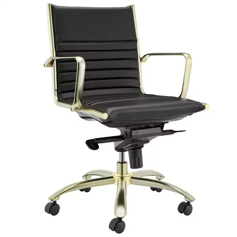 Chaise de bureau pivotante et roulante réglable de conférence en acier noir et doré et similicuir
