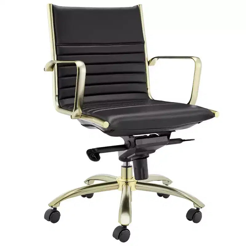 Chaise de bureau pivotante et roulante réglable de conférence en acier noir et doré et similicuir