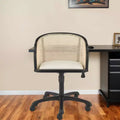 Fauteuil de bureau roulant pivotant réglable en bois massif, acier et rotin cannage, beige et noir