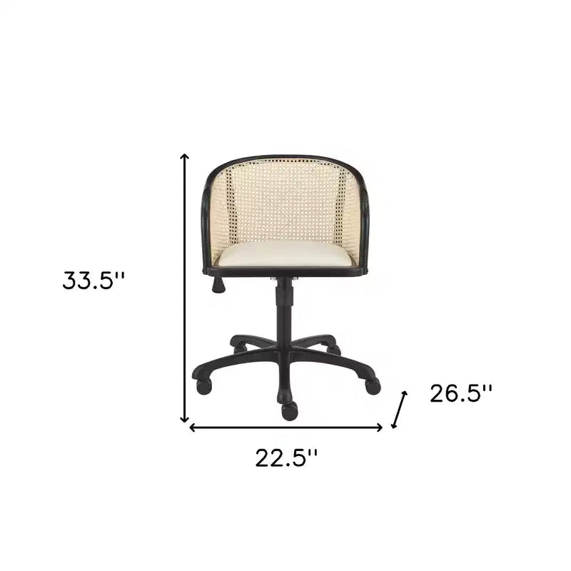 Fauteuil de bureau roulant pivotant réglable en bois massif, acier et rotin cannage, beige et noir