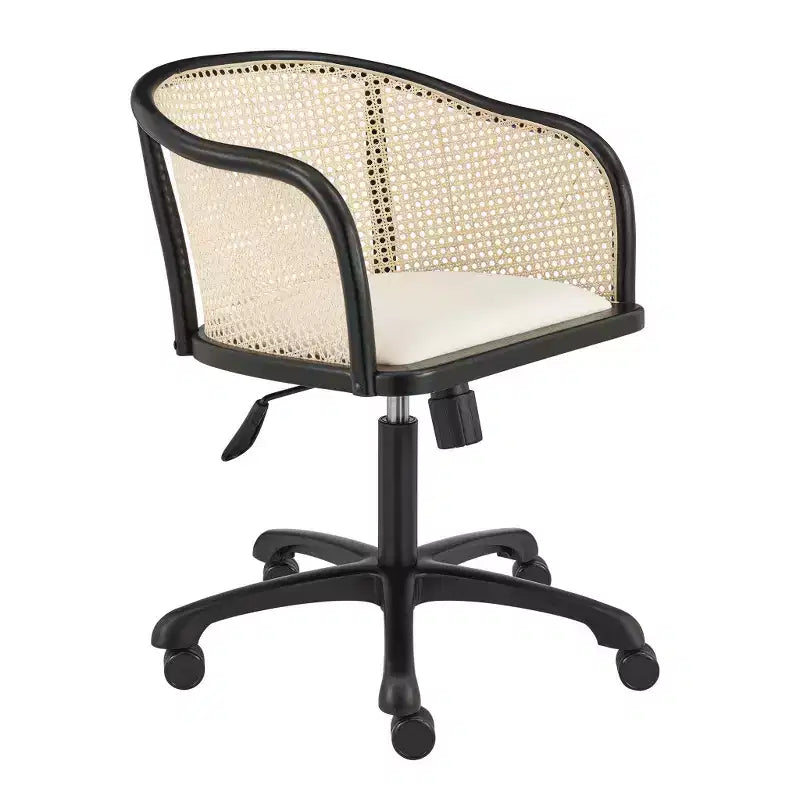 Fauteuil de bureau roulant pivotant réglable en bois massif, acier et rotin cannage, beige et noir