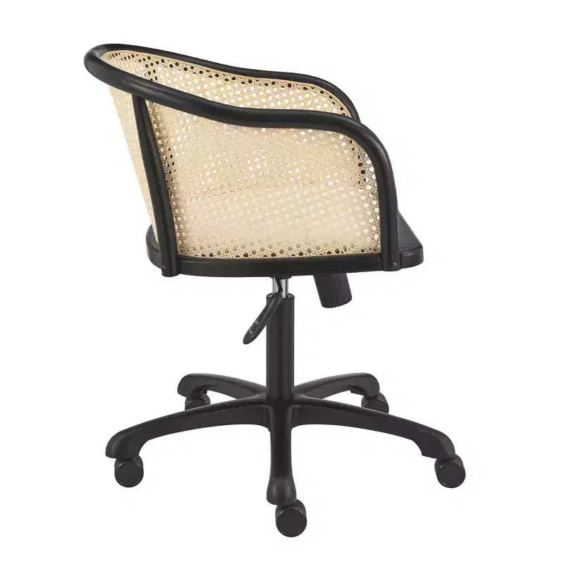 Fauteuil de bureau roulant pivotant réglable en bois massif, acier et rotin cannage, beige et noir