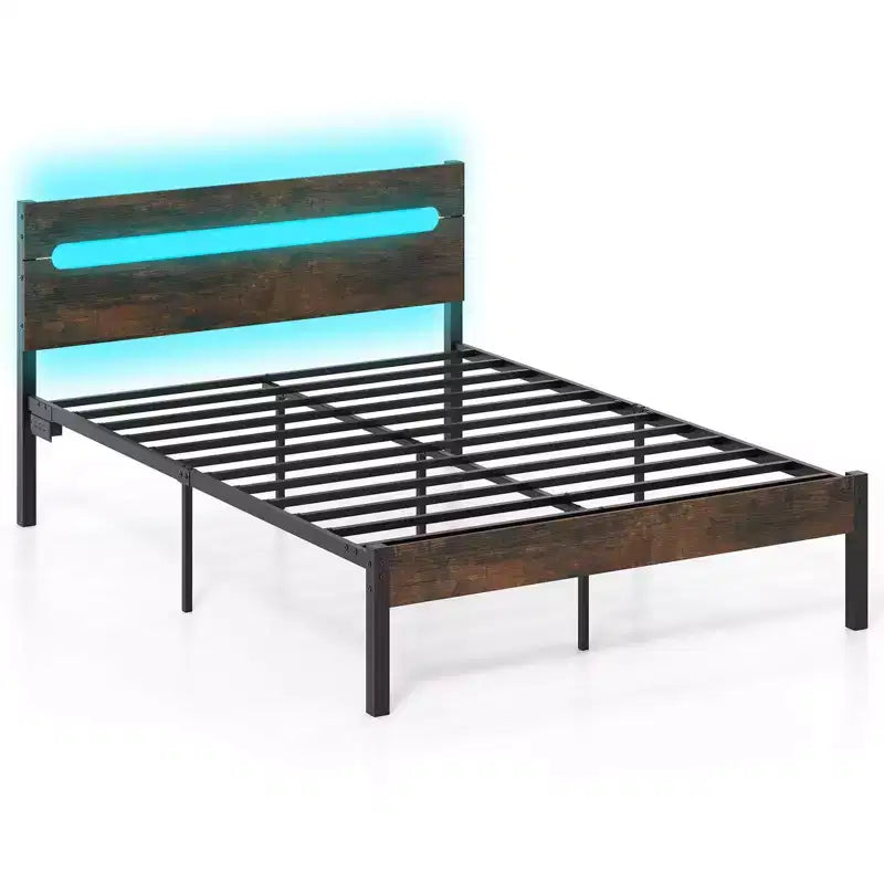 Cadre de lit double avec station de recharge intégrée, éclairage LED RVB, base de matelas robuste, marron rustique + noir / noyer + noir