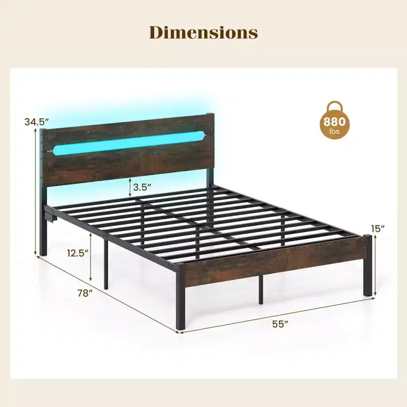 Cadre de lit double avec station de recharge intégrée, éclairage LED RVB, base de matelas robuste, marron rustique + noir / noyer + noir