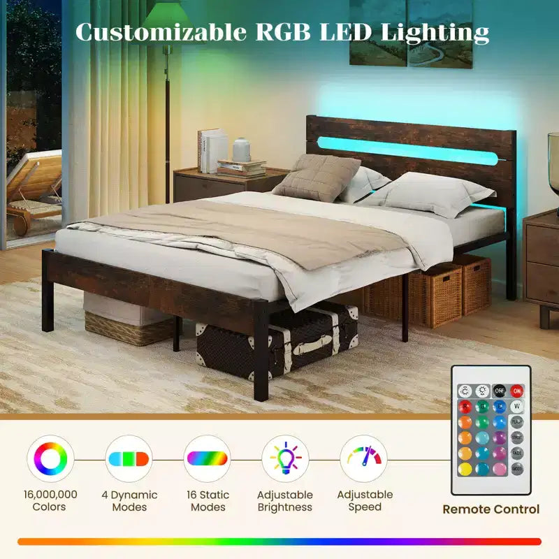 Cadre de lit double avec station de recharge intégrée, éclairage LED RVB, base de matelas robuste, marron rustique + noir / noyer + noir