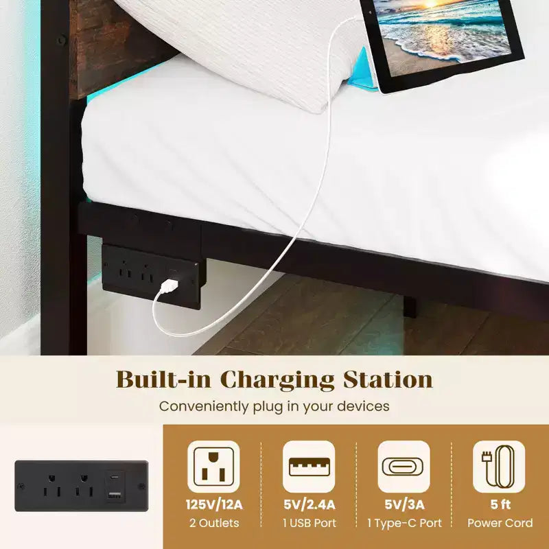 Cadre de lit double avec station de recharge intégrée, éclairage LED RVB, base de matelas robuste, marron rustique + noir / noyer + noir