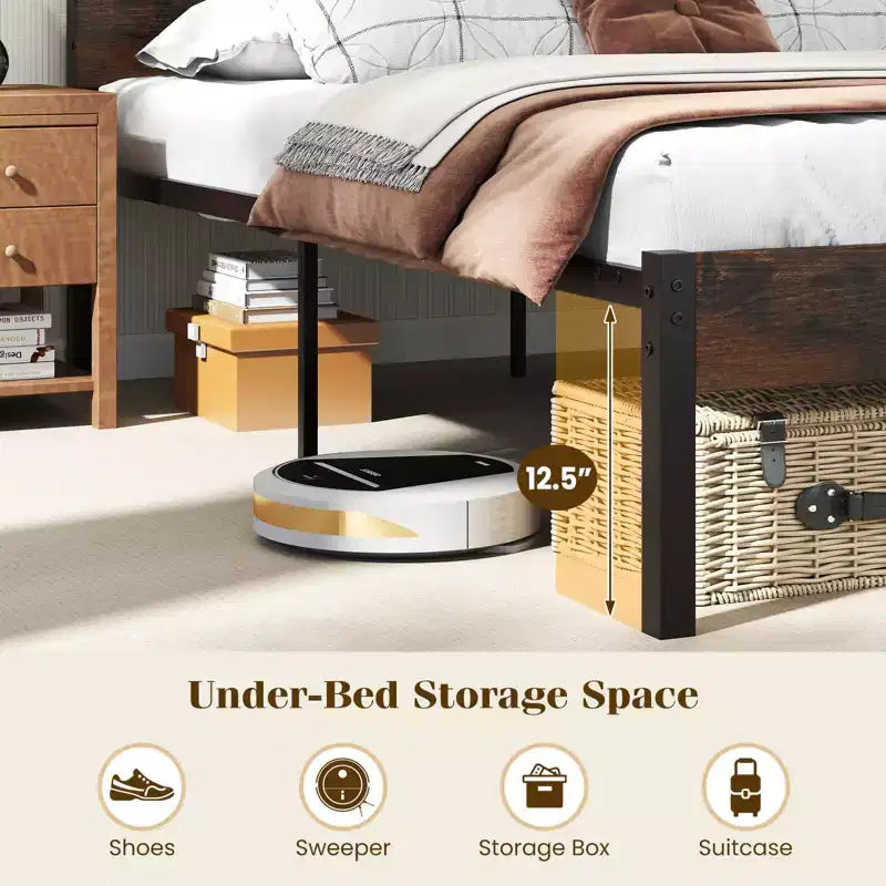 Cadre de lit double avec station de recharge intégrée, éclairage LED RVB, base de matelas robuste, marron rustique + noir / noyer + noir