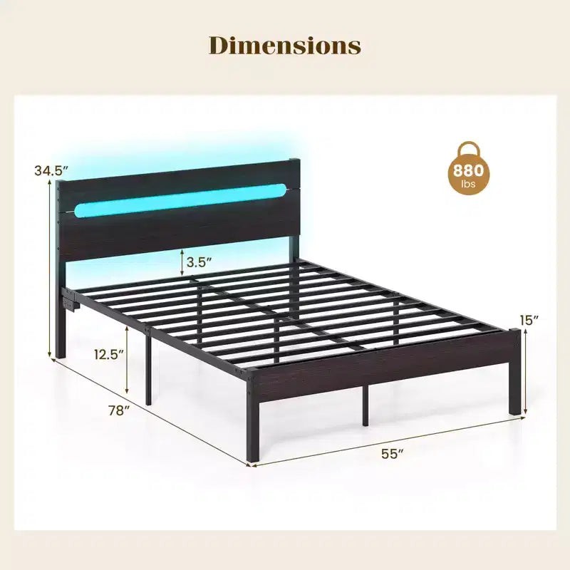Cadre de lit double avec station de recharge intégrée, éclairage LED RVB, base de matelas robuste, marron rustique + noir / noyer + noir
