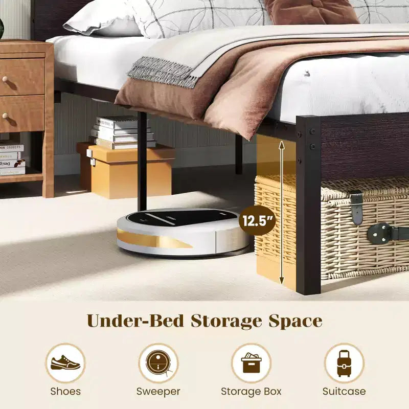 Cadre de lit double avec station de recharge intégrée, éclairage LED RVB, base de matelas robuste, marron rustique + noir / noyer + noir