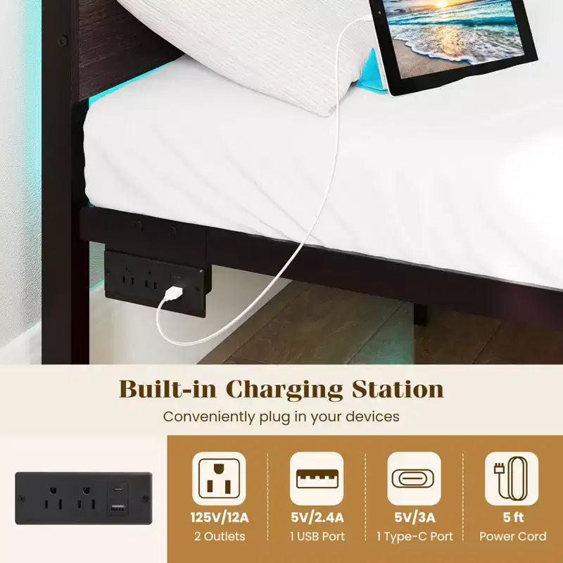 Cadre de lit double avec station de recharge intégrée, éclairage LED RVB, base de matelas robuste, marron rustique + noir / noyer + noir