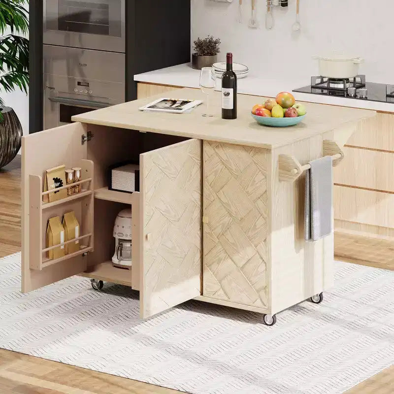 Îlot de cuisine roulant en placage de frêne tressé avec abattant, style côtier avec étagère de rangement interne