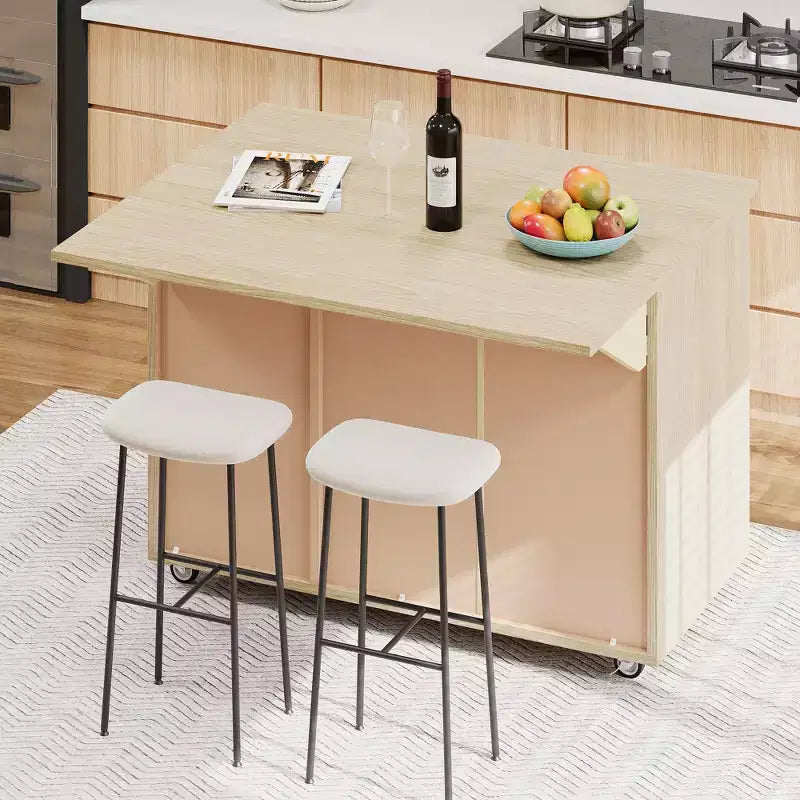 Îlot de cuisine roulant en placage de frêne tressé avec abattant, style côtier avec étagère de rangement interne