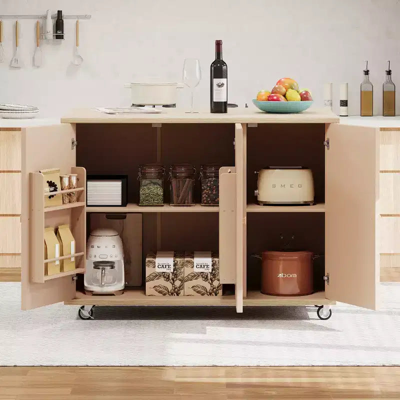 Îlot de cuisine roulant en placage de frêne tressé avec abattant, style côtier avec étagère de rangement interne