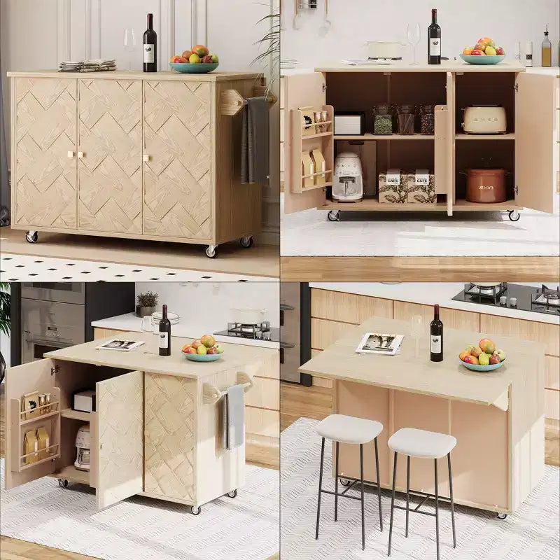 Îlot de cuisine roulant en placage de frêne tressé avec abattant, style côtier avec étagère de rangement interne