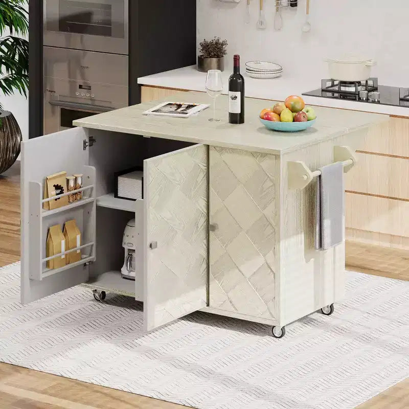 Îlot de cuisine roulant en placage de frêne tressé avec abattant, style côtier avec étagère de rangement interne