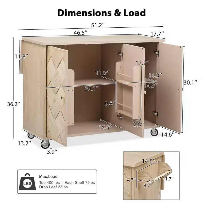 Îlot de cuisine roulant en placage de frêne tressé avec abattant, style côtier avec étagère de rangement interne
