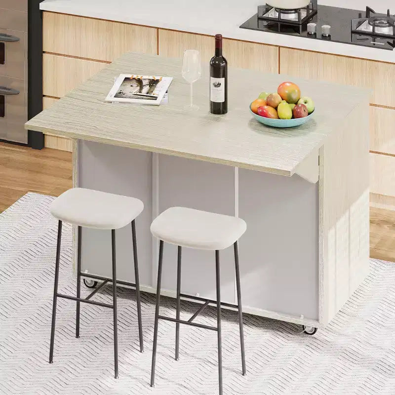 Îlot de cuisine roulant en placage de frêne tressé avec abattant, style côtier avec étagère de rangement interne