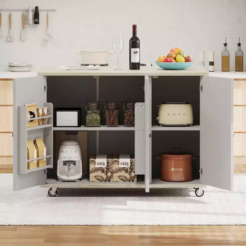 Îlot de cuisine roulant en placage de frêne tressé avec abattant, style côtier avec étagère de rangement interne