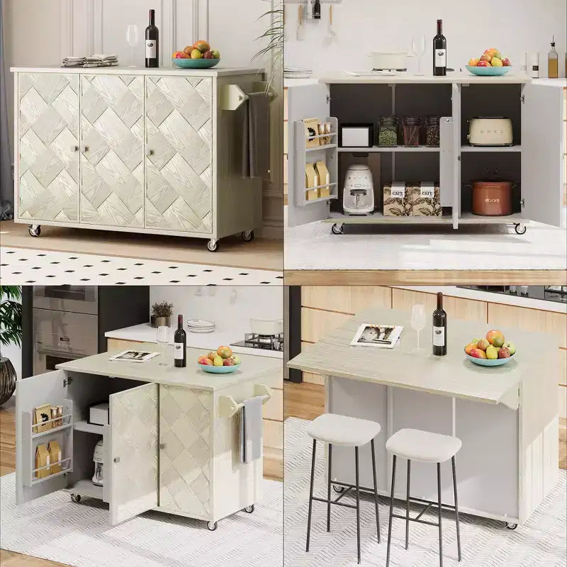 Îlot de cuisine roulant en placage de frêne tressé avec abattant, style côtier avec étagère de rangement interne