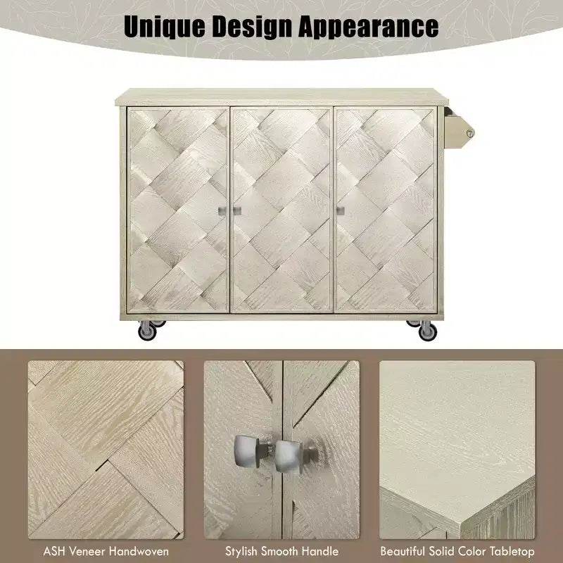 Îlot de cuisine roulant en placage de frêne tressé avec abattant, style côtier avec étagère de rangement interne