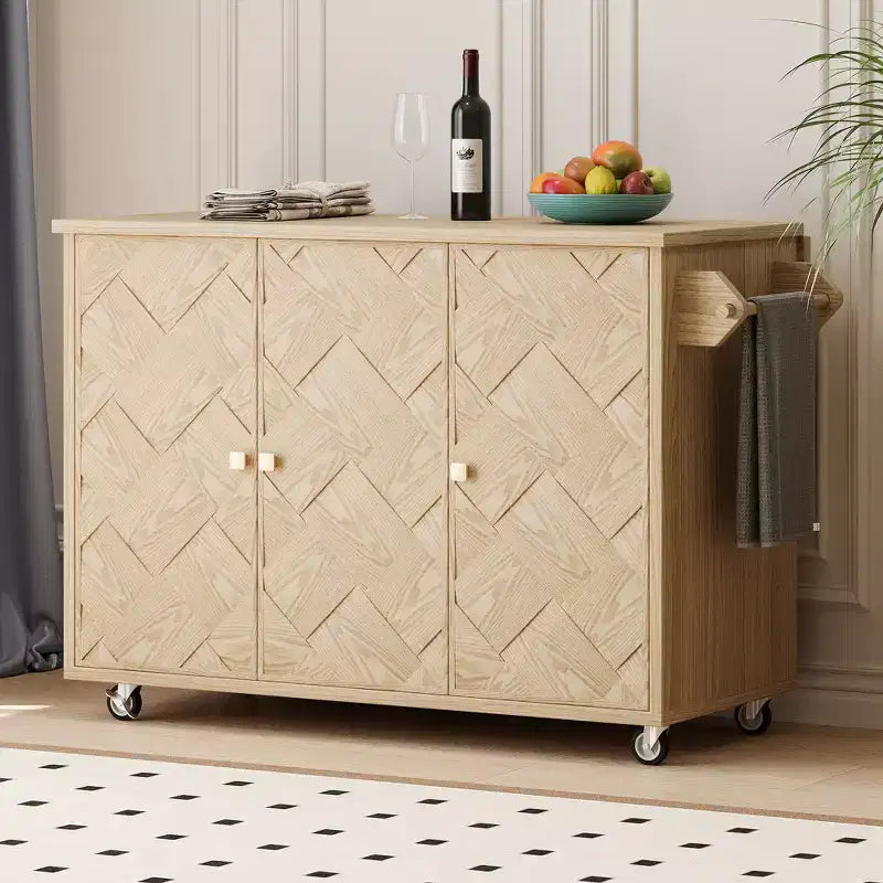 Îlot de cuisine roulant en placage de frêne tressé avec abattant, style côtier avec étagère de rangement interne