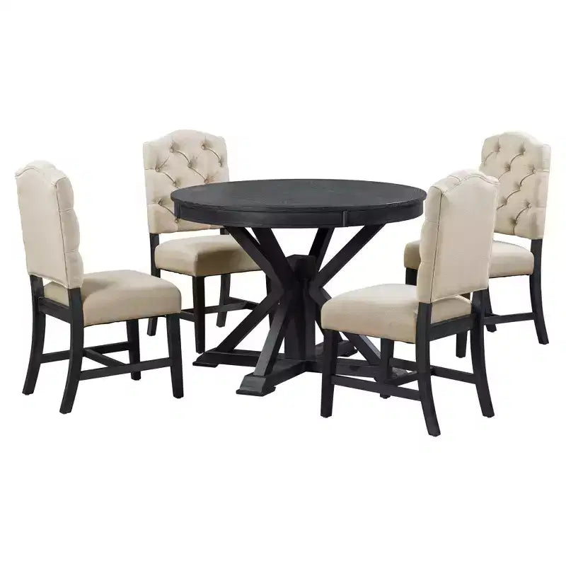 Ensemble de salle à manger extensible pour 4 personnes, table ronde en bois avec 4 chaises rembourrées pour la cuisine