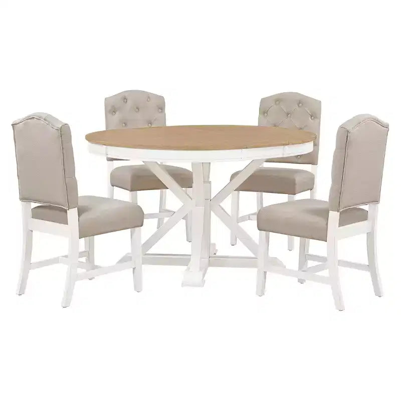 Ensemble de salle à manger extensible pour 4 personnes, table ronde en bois avec 4 chaises rembourrées pour la cuisine