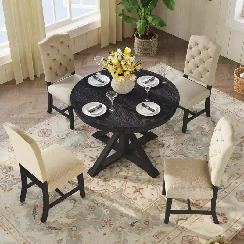 Ensemble de salle à manger extensible pour 4 personnes, table ronde en bois avec 4 chaises rembourrées pour la cuisine