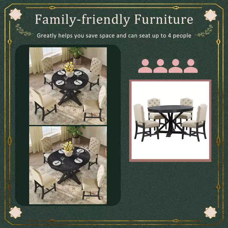 Ensemble de salle à manger extensible pour 4 personnes, table ronde en bois avec 4 chaises rembourrées pour la cuisine