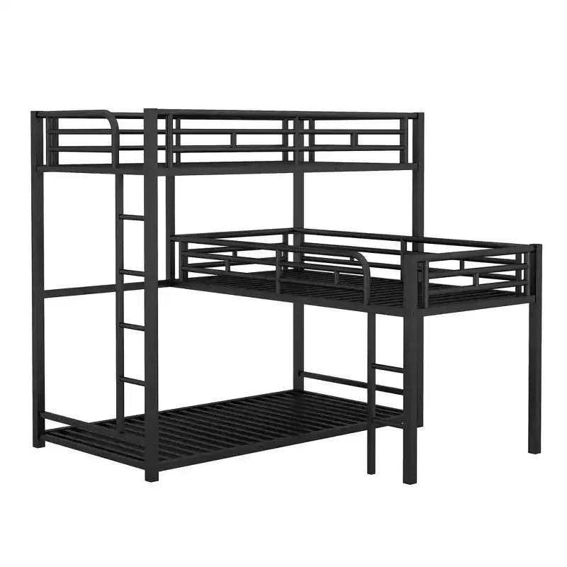 Lits superposés en métal pour 3, Cadre de lit superposé triple en forme de L taille jumeau pour enfants, adolescents et adultes, Noir