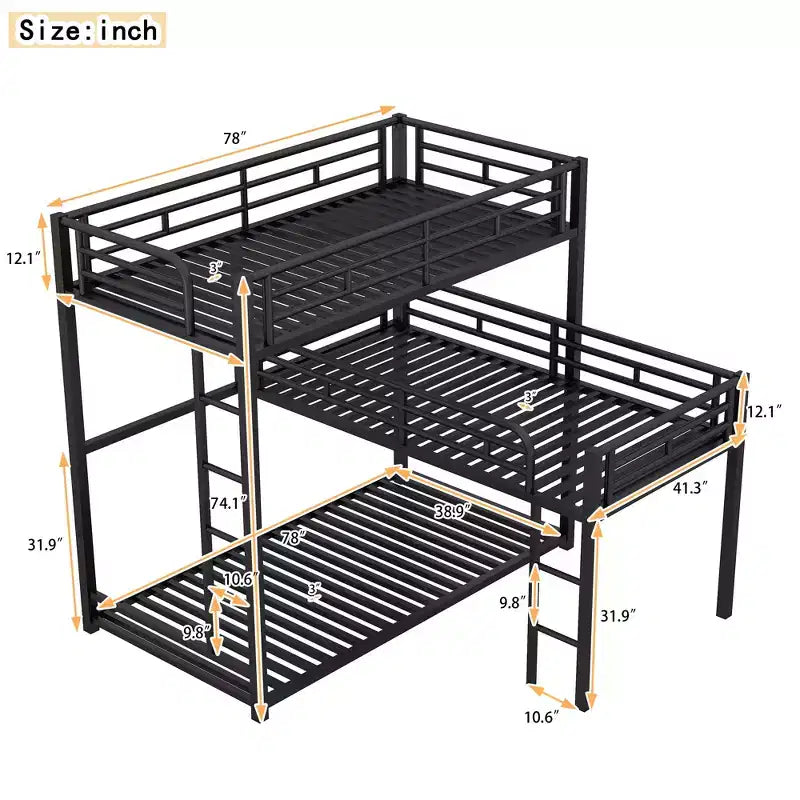 Lits superposés en métal pour 3, Cadre de lit superposé triple en forme de L taille jumeau pour enfants, adolescents et adultes, Noir