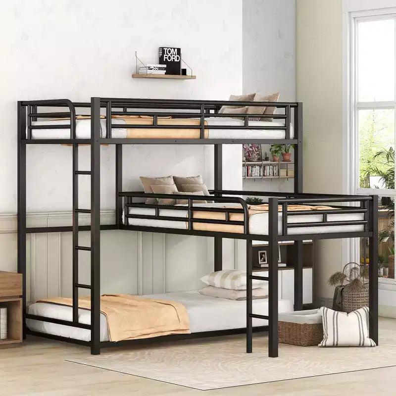 Lits superposés en métal pour 3, Cadre de lit superposé triple en forme de L taille jumeau pour enfants, adolescents et adultes, Noir