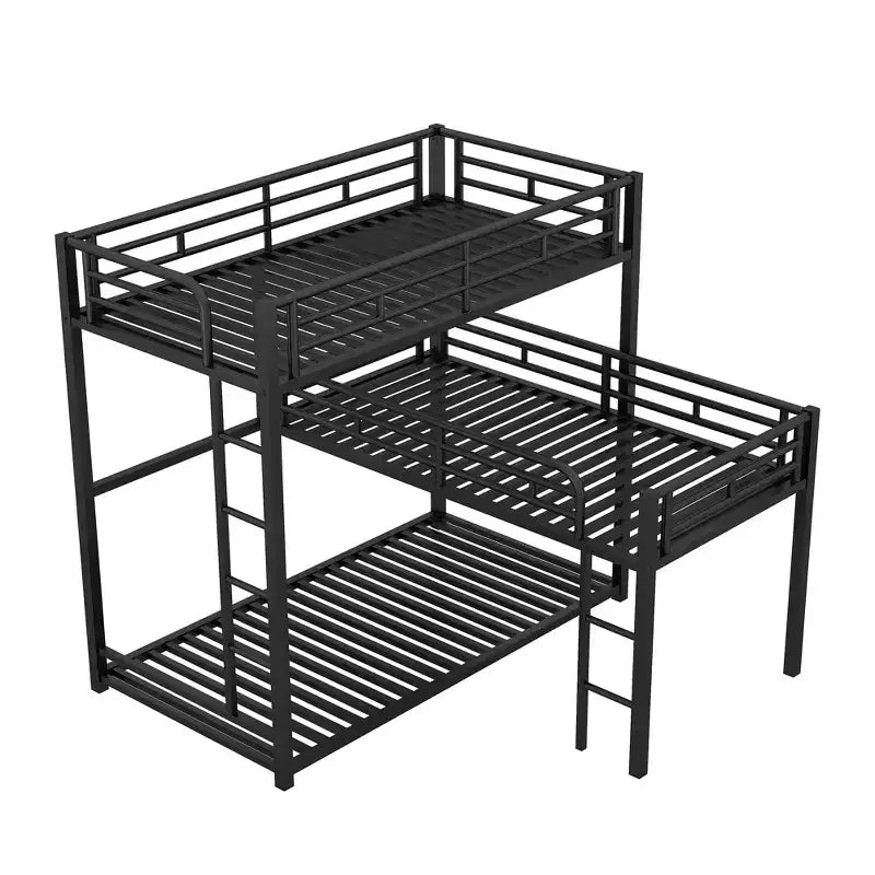 Lits superposés en métal pour 3, Cadre de lit superposé triple en forme de L taille jumeau pour enfants, adolescents et adultes, Noir