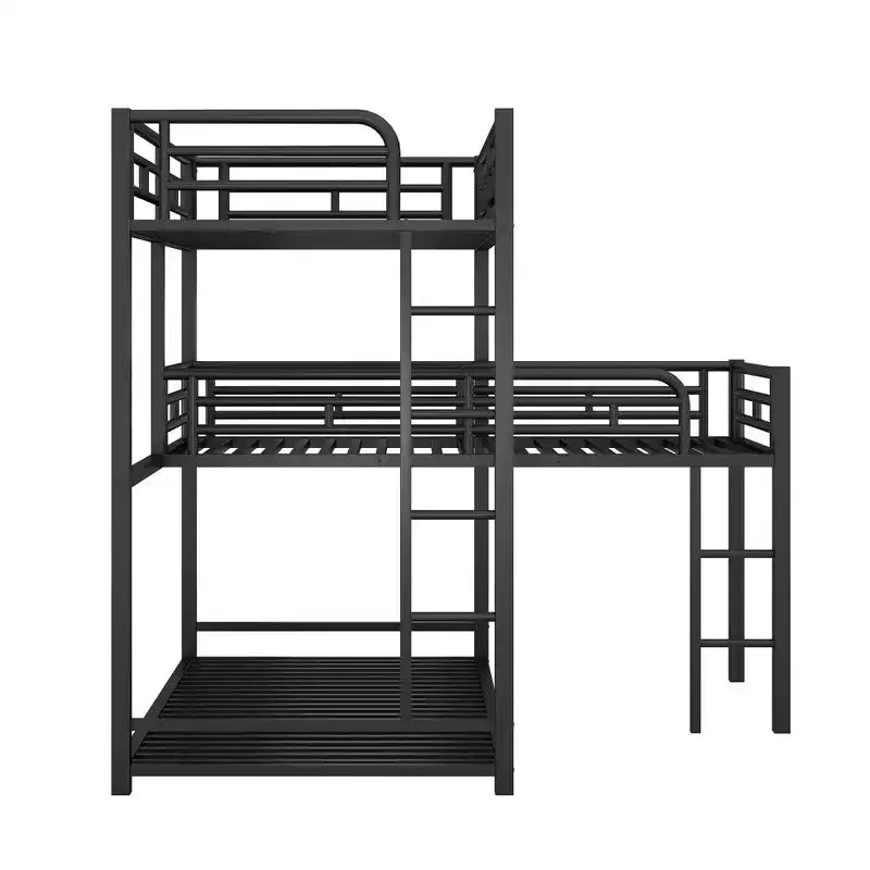 Lits superposés en métal pour 3, Cadre de lit superposé triple en forme de L taille jumeau pour enfants, adolescents et adultes, Noir