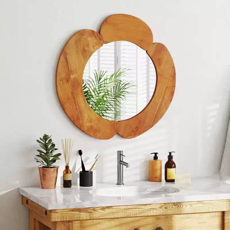 Miroir mural irrégulier 73,6 cm, miroir de courtoisie rustique à suspendre avec cadre en bois de teck