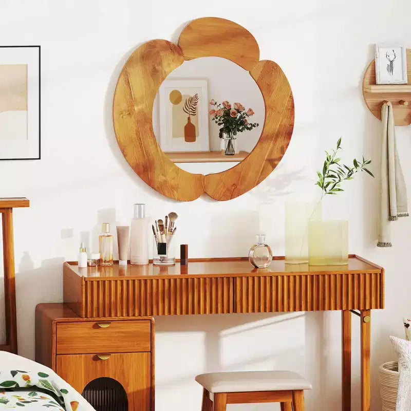 Miroir mural irrégulier 73,6 cm, miroir de courtoisie rustique à suspendre avec cadre en bois de teck