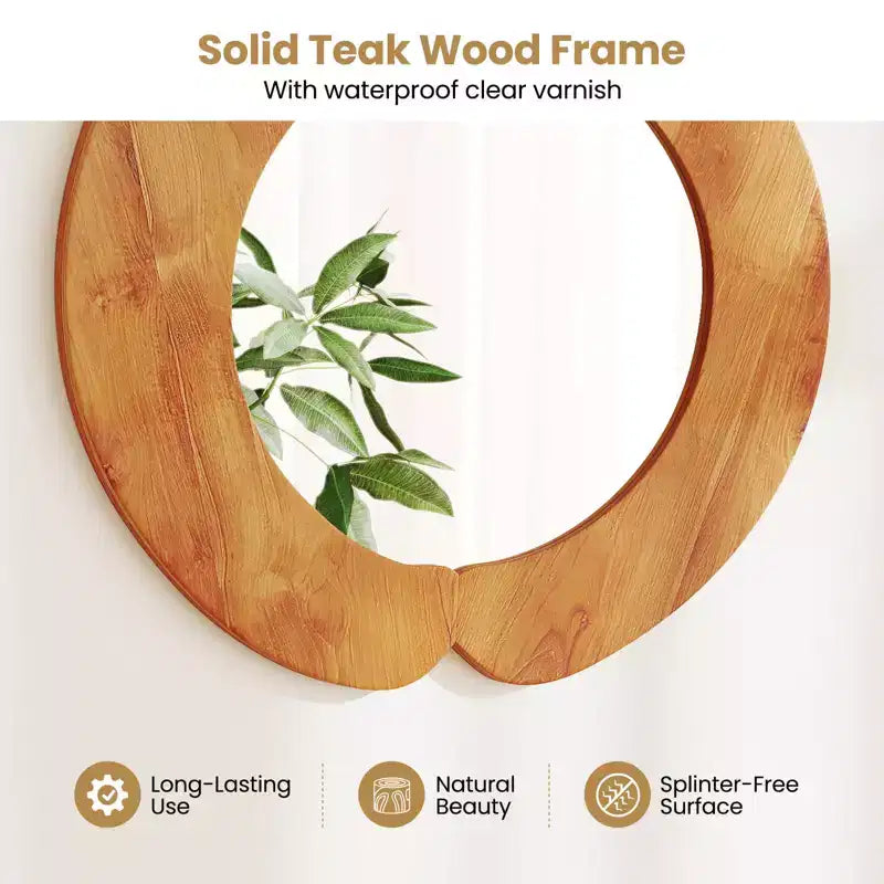 Miroir mural irrégulier 73,6 cm, miroir de courtoisie rustique à suspendre avec cadre en bois de teck