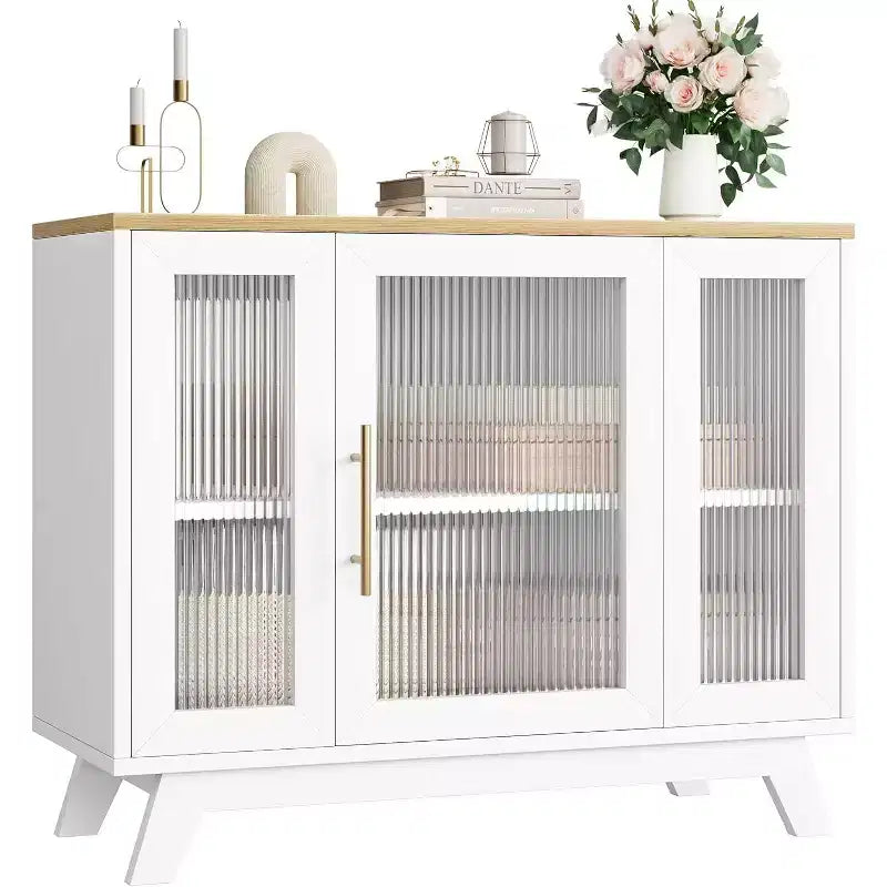 Buffet bahut de 91 cm avec porte en verre cannelé et étagère réglable