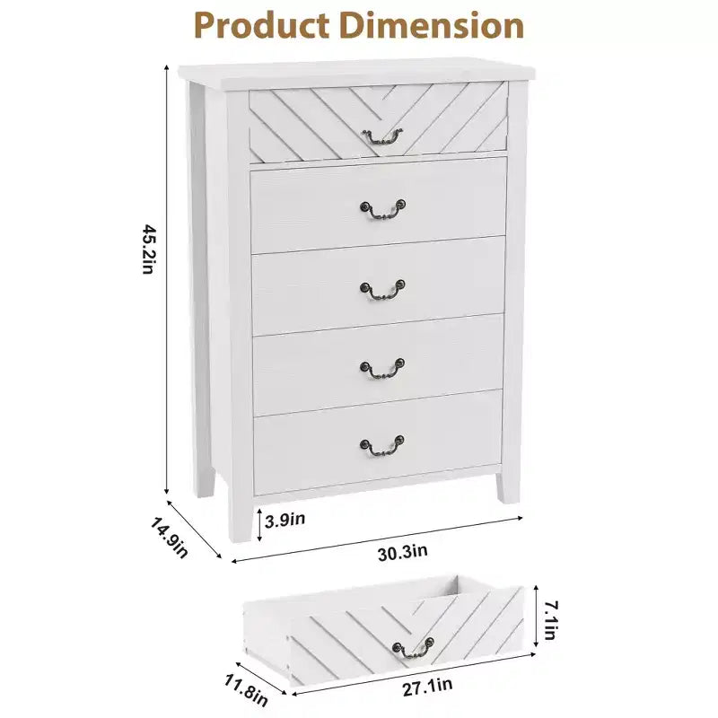 Commode de chambre verticale à 5 tiroirs en bois de ferme de 114,8 cm de haut avec rangement, meuble de rangement autonome pour chambre à coucher
