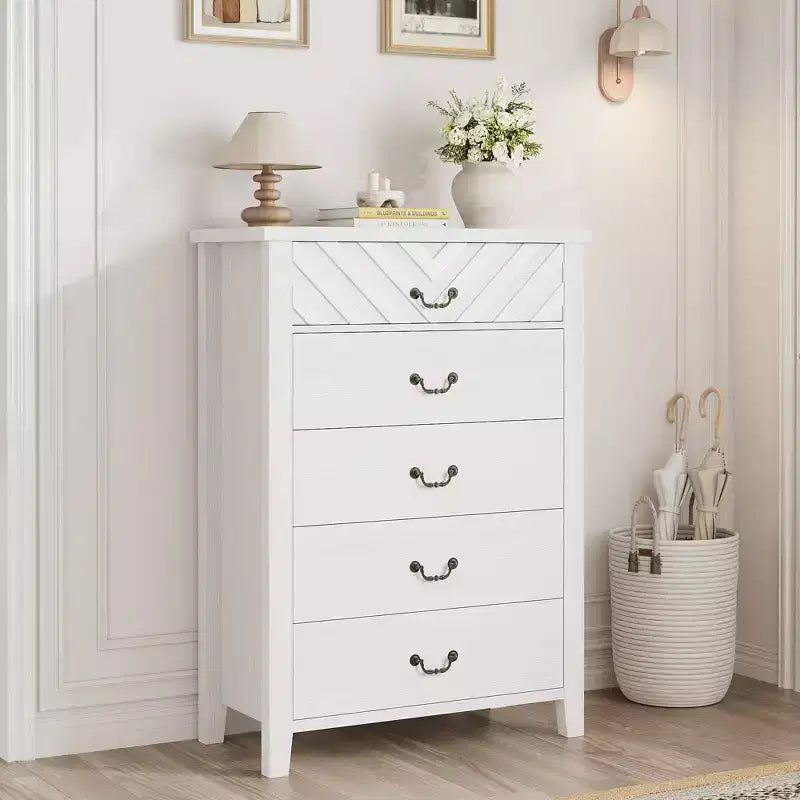 Commode de chambre verticale à 5 tiroirs en bois de ferme de 114,8 cm de haut avec rangement, meuble de rangement autonome pour chambre à coucher