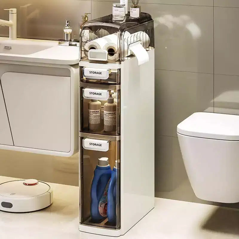 Meuble bas de salle de bain à 4 niveaux, Armoire de rangement étroite avec tiroirs transparents, Organisateur mince autoportant pour salle de bain ou bureau, 18x41x78cm