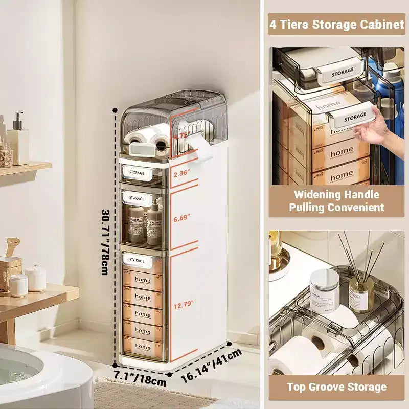Meuble bas de salle de bain à 4 niveaux, Armoire de rangement étroite avec tiroirs transparents, Organisateur mince autoportant pour salle de bain ou bureau, 18x41x78cm