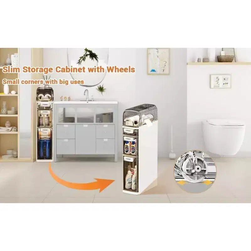 Meuble bas de salle de bain à 4 niveaux, Armoire de rangement étroite avec tiroirs transparents, Organisateur mince autoportant pour salle de bain ou bureau, 18x41x78cm