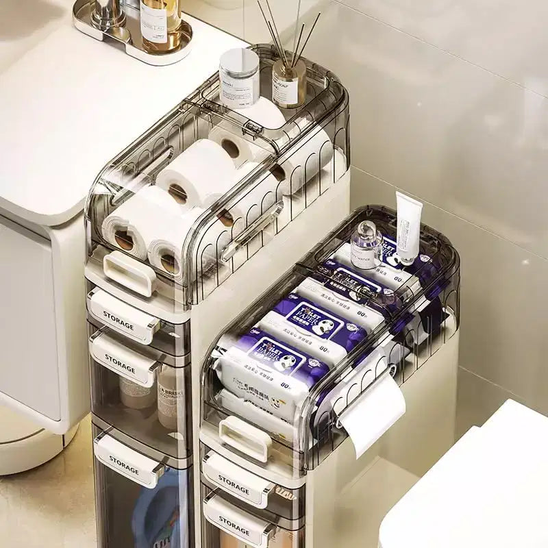 Meuble bas de salle de bain à 4 niveaux, Armoire de rangement étroite avec tiroirs transparents, Organisateur mince autoportant pour salle de bain ou bureau, 18x41x78cm