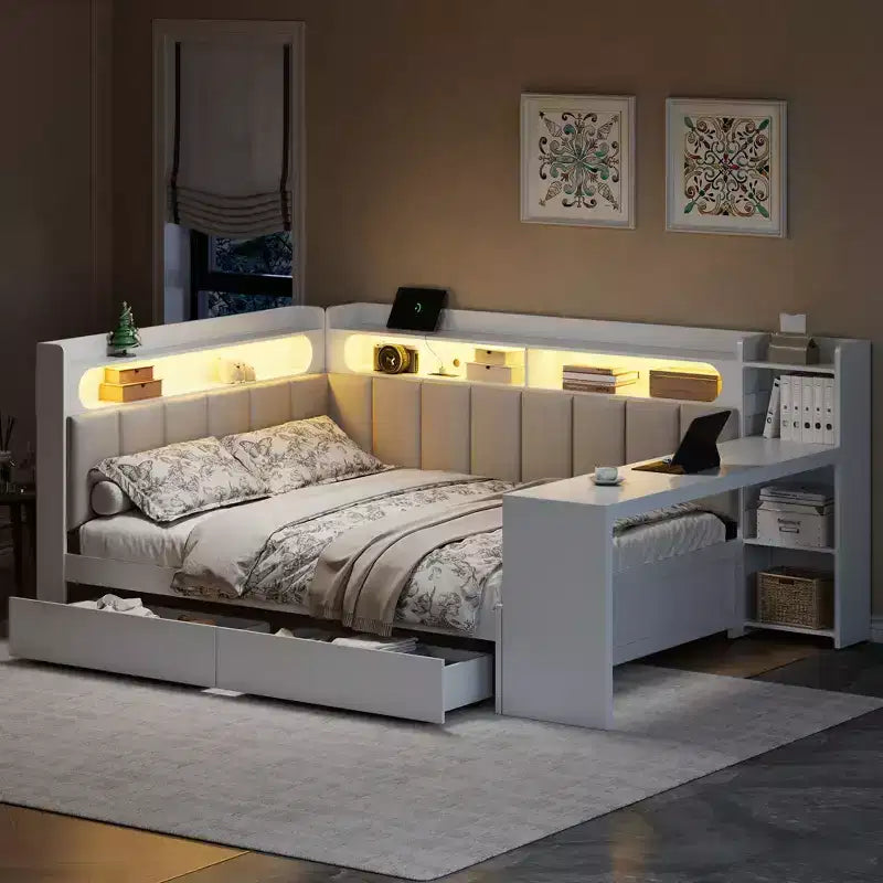 Lit de repos double avec étagères de rangement, station de charge, lumière LED et bureau