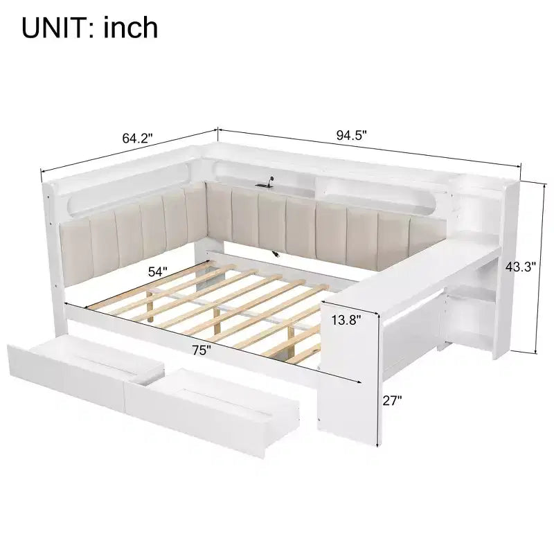 Lit de repos double avec étagères de rangement, station de charge, lumière LED et bureau